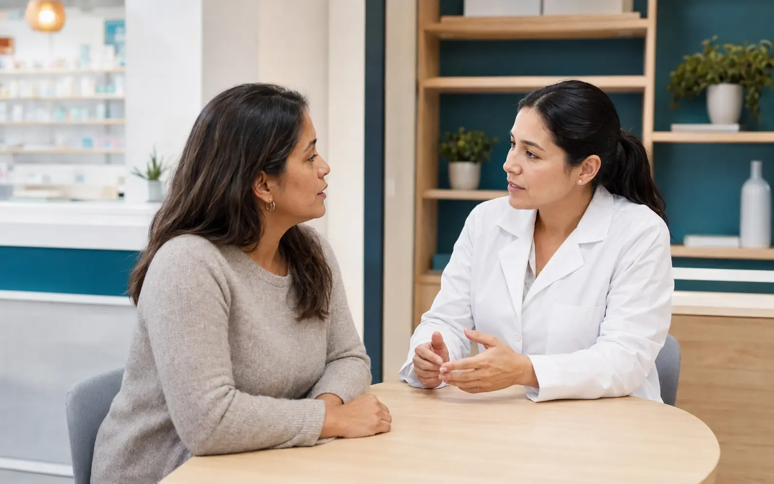 Paciente conversando con una profesional farmacéutica