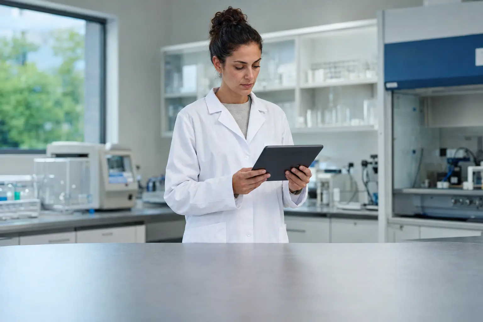 Profesional de la salud consultando información en un laboratorio